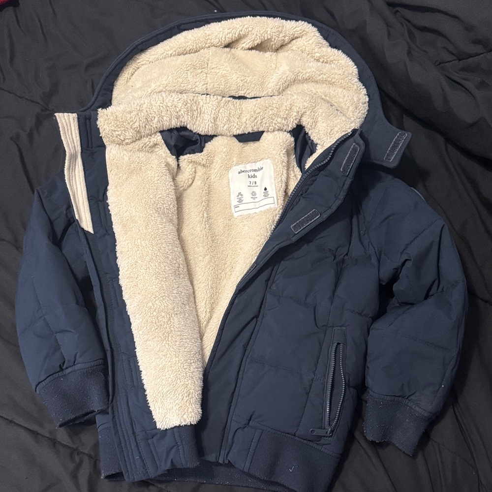 Abercrombie Kids Navy Puffer Jacket with Cream Sherpa Lining